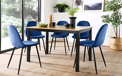 Milton Dining Table & 4 Brooklyn Chairs, Natural Oak Finish & Black Solid Hardwood, Blue Classic Velvet & Black Steel, 120cm
