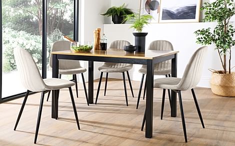 Milton Dining Table & 4 Brooklyn Chairs, Natural Oak Finish & Black Solid Hardwood, Champagne Classic Velvet & Black Steel, 120cm
