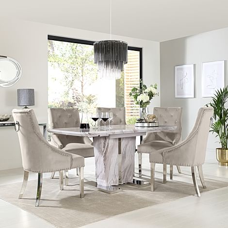 Vienna Extending Dining Table & 6 Imperial Chairs, Grey Marble Effect, Champagne Classic Velvet & Chrome, 120-160cm
