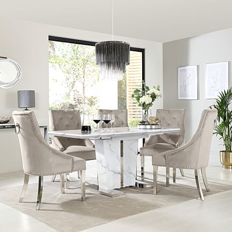 Vienna Extending Dining Table & 4 Imperial Chairs, White Marble Effect, Champagne Classic Velvet & Chrome, 120-160cm
