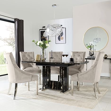 Florence Extending Dining Table & 4 Imperial Chairs, Black Marble Effect, Champagne Classic Velvet & Chrome, 120-160cm