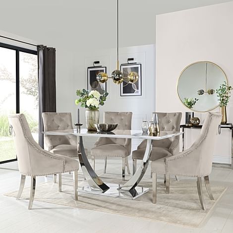Peake Dining Table & 4 Imperial Chairs, White Marble Effect & Chrome, Champagne Classic Velvet, 160cm