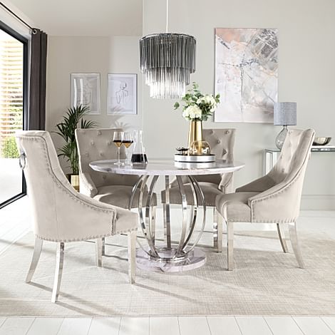 Savoy Round Dining Table & 4 Imperial Chairs, Grey Marble Effect & Chrome, Champagne Classic Velvet, 120cm