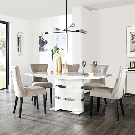 Komoro Dining Table & 4 Kensington Chairs, White High Gloss & Chrome, Champagne Classic Velvet & Black Solid Hardwood, 160cm