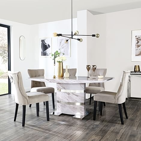Komoro Dining Table & 4 Kensington Chairs, Grey Marble Effect & Chrome, Champagne Classic Velvet & Black Solid Hardwood, 160cm