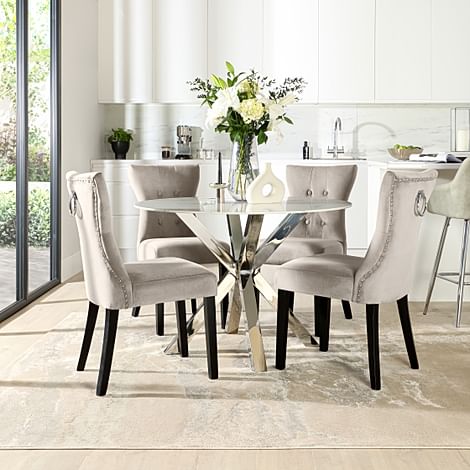 Plaza Round Dining Table & 4 Kensington Chairs, White Marble Effect & Chrome, Champagne Classic Velvet & Black Solid Hardwood, 110cm