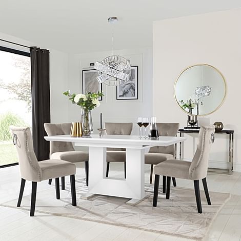 Florence Extending Dining Table & 4 Kensington Chairs, White High Gloss, Champagne Classic Velvet & Black Solid Hardwood, 120-160cm