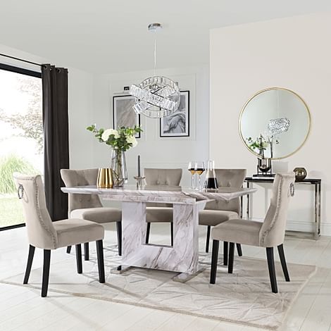 Florence Extending Dining Table & 6 Kensington Chairs, Grey Marble Effect, Champagne Classic Velvet & Black Solid Hardwood, 120-160cm
