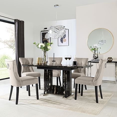 Florence Extending Dining Table & 4 Kensington Chairs, Black Marble Effect, Champagne Classic Velvet & Black Solid Hardwood, 120-160cm