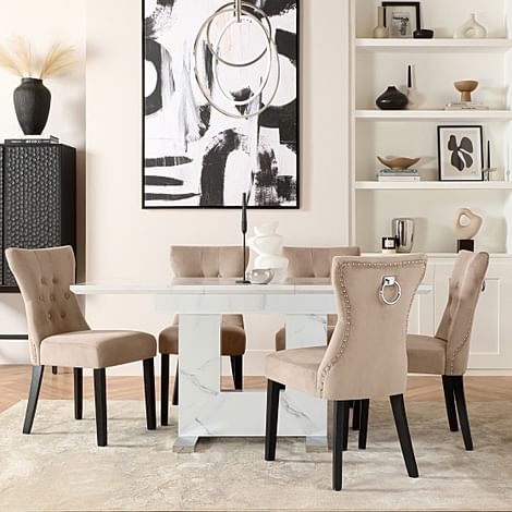 Florence Extending Dining Table & 4 Kensington Chairs, White Marble Effect, Champagne Classic Velvet & Black Solid Hardwood, 120-160cm