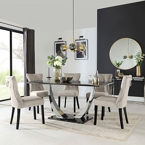 Peake Dining Table & 4 Kensington Chairs, Black Marble Effect & Chrome, Champagne Classic Velvet & Black Solid Hardwood, 160cm