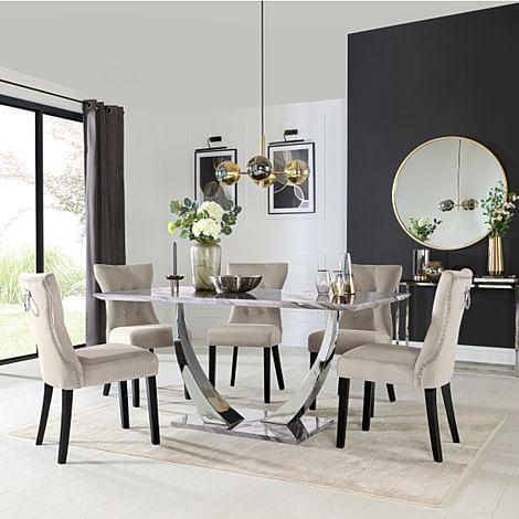 Peake Dining Table & 4 Kensington Chairs, Grey Marble Effect & Chrome, Champagne Classic Velvet & Black Solid Hardwood, 160cm