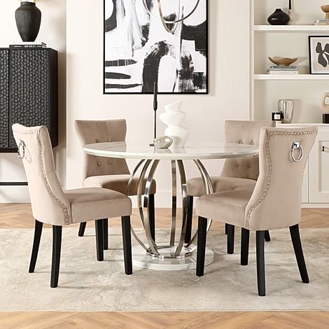 Savoy Round Dining Table & 4 Kensington Chairs, White Marble Effect & Chrome, Champagne Classic Velvet & Black Solid Hardwood, 120cm