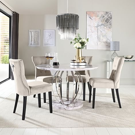 Savoy Round Dining Table & 4 Kensington Chairs, Grey Marble Effect & Chrome, Champagne Classic Velvet & Black Solid Hardwood, 120cm