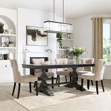 Cavendish Extending Dining Table & 4 Kensington Chairs, Grey Oak Veneer & Solid Hardwood, Champagne Classic Velvet & Black Solid Hardwood, 160-200cm