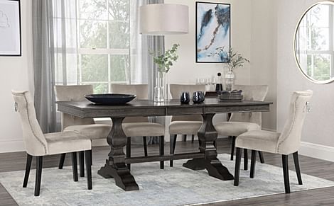 Cavendish Extending Dining Table & 6 Kensington Chairs, Grey Oak Veneer & Solid Hardwood, Champagne Classic Velvet & Black Solid Hardwood, 160-200cm