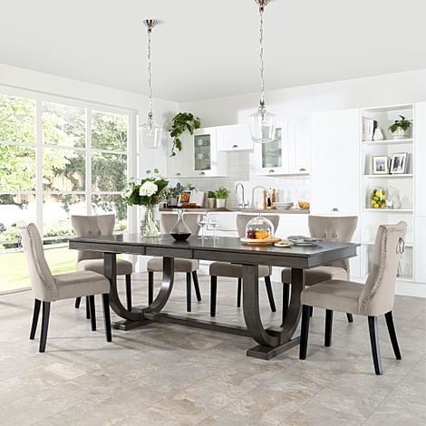 Pavilion Extending Dining Table & 4 Kensington Chairs, Grey Oak Veneer & Solid Hardwood, Champagne Classic Velvet & Black Solid Hardwood, 180-225cm