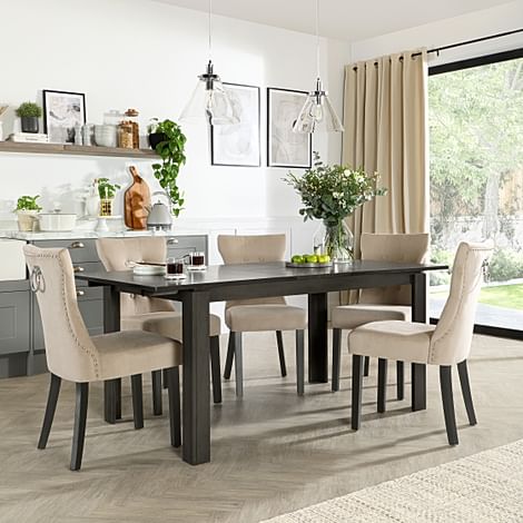 Bali Extending Dining Table & 4 Kensington Chairs, Grey Solid Hardwood, Champagne Classic Velvet & Black Solid Hardwood, 150-180cm