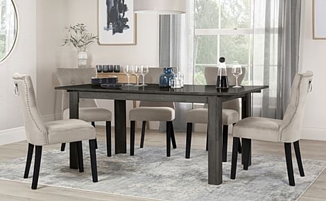 Bali Extending Dining Table & 6 Kensington Chairs, Grey Solid Hardwood, Champagne Classic Velvet & Black Solid Hardwood, 150-180cm