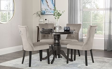 Kingston Round Dining Table & 2 Kensington Chairs, Grey Solid Hardwood, Champagne Classic Velvet & Black Solid Hardwood, 90cm