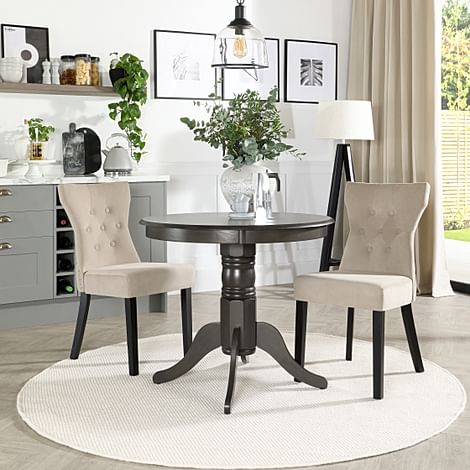 Kingston Round Dining Table & 2 Kensington Chairs, Grey Solid Hardwood, Champagne Classic Velvet & Black Solid Hardwood, 90cm