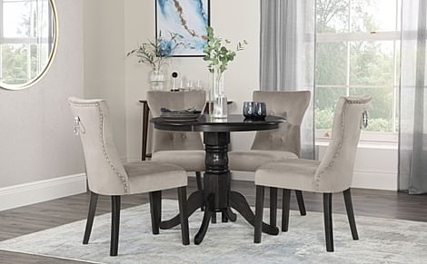 Kingston Round Dining Table & 4 Kensington Chairs, Grey Solid Hardwood, Champagne Classic Velvet & Black Solid Hardwood, 90cm