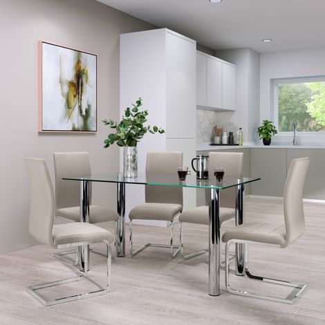 Lunar Dining Table & 4 Perth Chairs, Glass & Chrome, Champagne Classic Velvet, 140cm