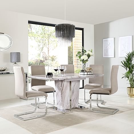 Vienna Extending Dining Table & 4 Perth Chairs, Grey Marble Effect, Champagne Classic Velvet & Chrome, 120-160cm