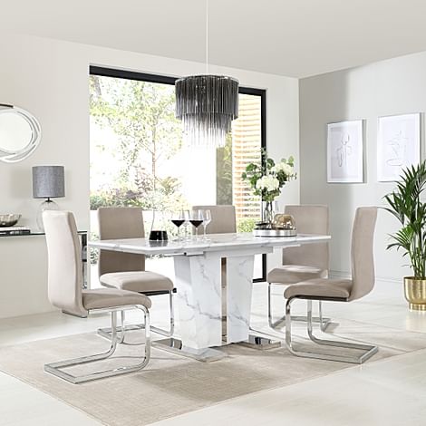 Vienna Extending Dining Table & 6 Perth Chairs, White Marble Effect, Champagne Classic Velvet & Chrome, 120-160cm