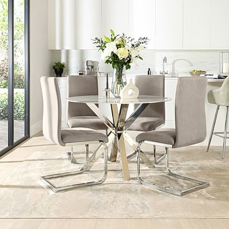Plaza Round Dining Table & 4 Perth Chairs, White Marble Effect & Chrome, Champagne Classic Velvet, 110cm