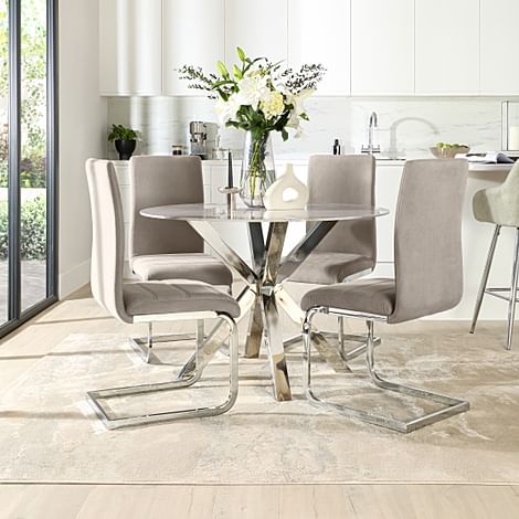 Plaza Round Dining Table & 4 Perth Chairs, Grey Marble Effect & Chrome, Champagne Classic Velvet, 110cm