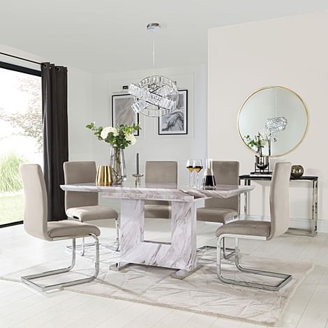 Florence Extending Dining Table & 4 Perth Chairs, Grey Marble Effect, Champagne Classic Velvet & Chrome, 120-160cm