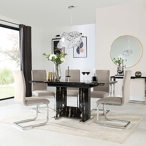 Florence Extending Dining Table & 4 Perth Chairs, Black Marble Effect, Champagne Classic Velvet & Chrome, 120-160cm