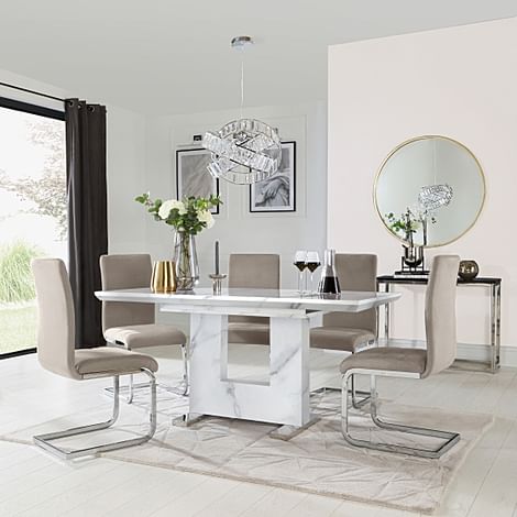 Florence Extending Dining Table & 4 Perth Chairs, White Marble Effect, Champagne Classic Velvet & Chrome, 120-160cm