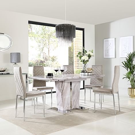 Vienna Extending Dining Table & 4 Renzo Chairs, Grey Marble Effect, Champagne Classic Velvet & Chrome, 120-160cm