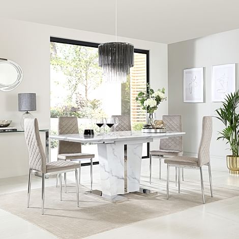 Vienna Extending Dining Table & 6 Renzo Chairs, White Marble Effect, Champagne Classic Velvet & Chrome, 120-160cm