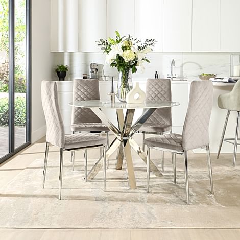 Plaza Round Dining Table & 4 Renzo Chairs, White Marble Effect & Chrome, Champagne Classic Velvet, 110cm