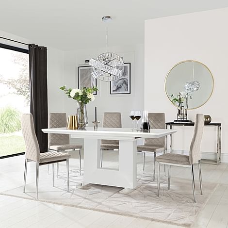 Florence Extending Dining Table & 4 Renzo Chairs, White High Gloss, Champagne Classic Velvet & Chrome, 120-160cm