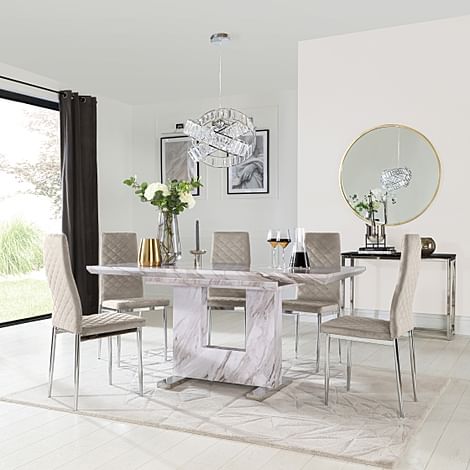 Florence Extending Dining Table & 6 Renzo Chairs, Grey Marble Effect, Champagne Classic Velvet & Chrome, 120-160cm