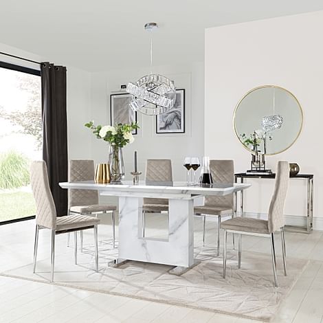 Florence Extending Dining Table & 4 Renzo Chairs, White Marble Effect, Champagne Classic Velvet & Chrome, 120-160cm