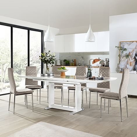 Tokyo Extending Dining Table & 8 Renzo Chairs, White High Gloss, Champagne Classic Velvet & Chrome, 160-220cm