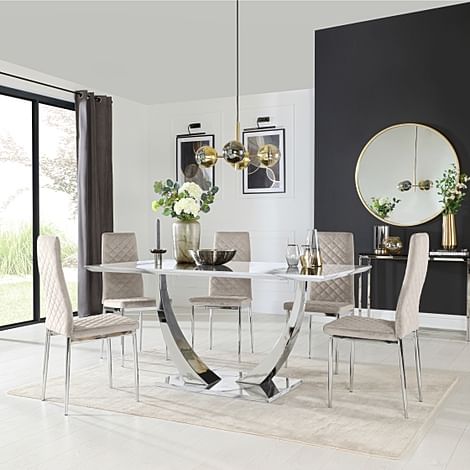 Peake Dining Table & 4 Renzo Chairs, White Marble Effect & Chrome, Champagne Classic Velvet, 160cm