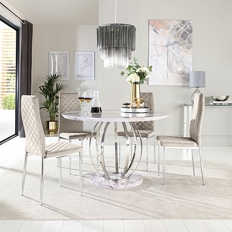 Savoy Round Dining Table & 4 Renzo Chairs, Grey Marble Effect & Chrome, Champagne Classic Velvet, 120cm