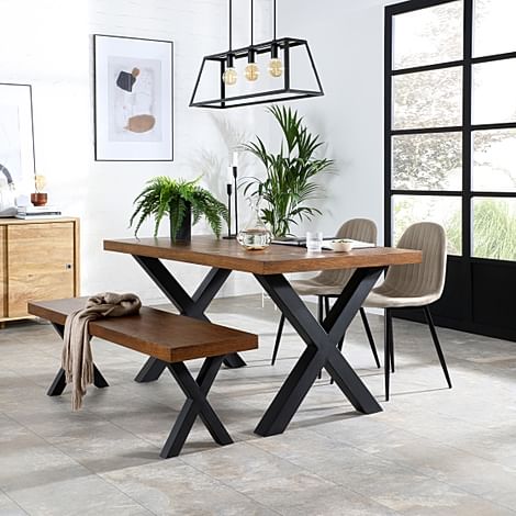 Franklin Industrial Dining Table, Bench & 2 Brooklyn Chairs, Dark Oak Veneer & Black Steel, Champagne Classic Velvet, 150cm