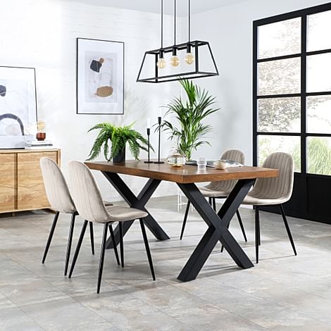 Franklin Industrial Dining Table & 4 Brooklyn Chairs, Dark Oak Veneer & Black Steel, Champagne Classic Velvet, 150cm