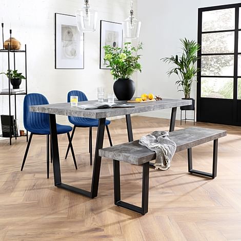 Addison Industrial Dining Table, Bench & 2 Brooklyn Chairs, Grey Concrete Effect & Black Steel, Blue Classic Velvet, 150cm