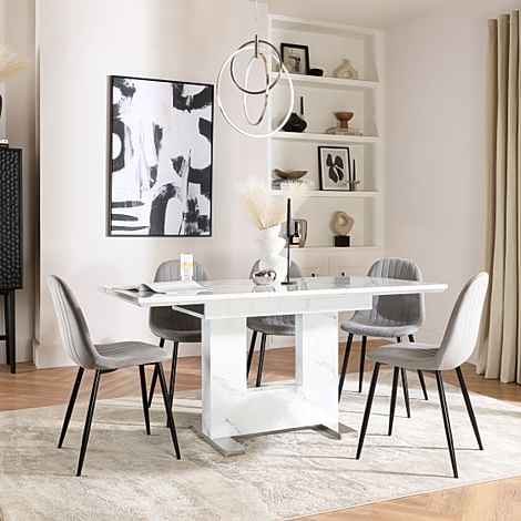 Florence Extending Dining Table & 6 Brooklyn Chairs, White Marble Effect, Grey Classic Velvet & Black Steel, 120-160cm
