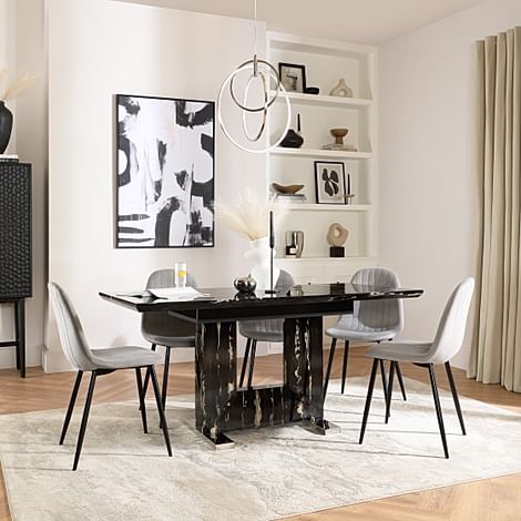 Florence Extending Dining Table & 4 Brooklyn Chairs, Black Marble Effect, Grey Classic Velvet & Black Steel, 120-160cm
