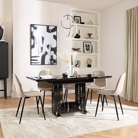 Florence Extending Dining Table & 4 Brooklyn Chairs, Black Marble Effect, Champagne Classic Velvet & Black Steel, 120-160cm