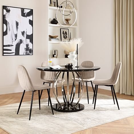 Savoy Round Dining Table & 4 Brooklyn Chairs, Black Marble Effect & Chrome, Champagne Classic Velvet & Black Steel, 120cm